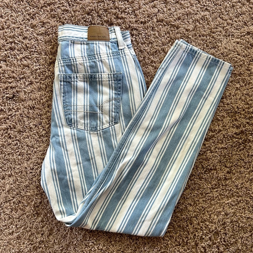 White and Blue Striped American Eagle Pants